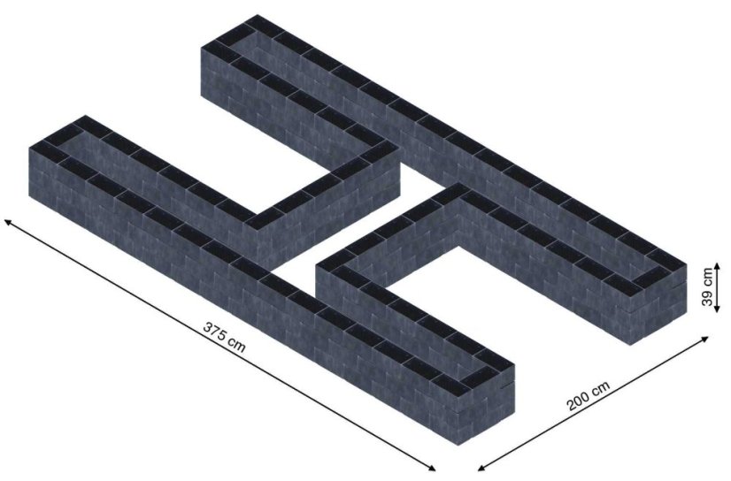 Hochbeet in Form eines H - Breite: 375 cm, Länge: 200 cm, Höhe: 39 cm