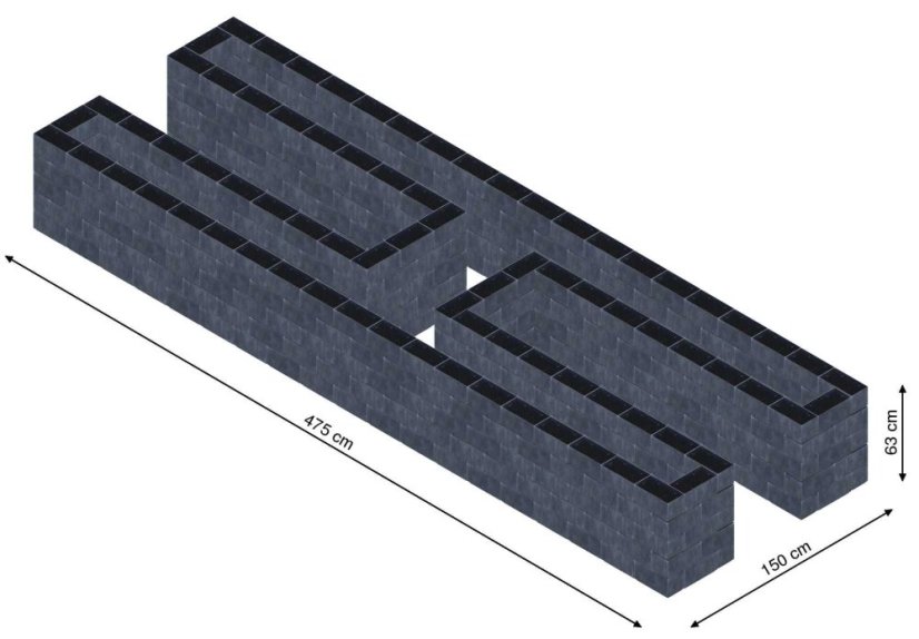 Hochbeet in Form eines H - Breite: 475 cm, Länge: 150 cm, Höhe: 63 cm