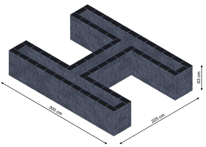 Hochbeet in Form eines H - Breite: 300 cm, Länge: 225 cm, Höhe: 63 cm