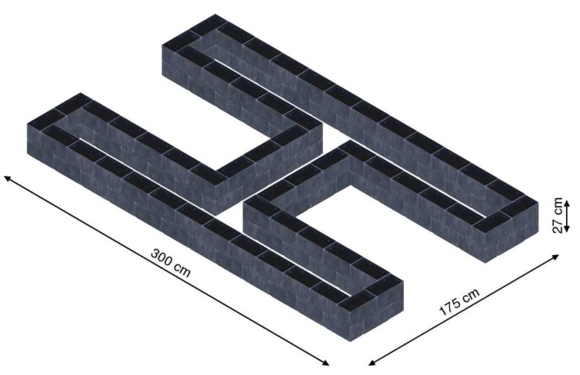 Hochbeet in Form eines H - Breite: 300 cm, Länge: 175 cm, Höhe: 27 cm
