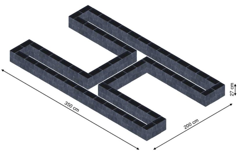 Hochbeet in Form eines H - Breite: 350 cm, Länge: 200 cm, Höhe: 27 cm