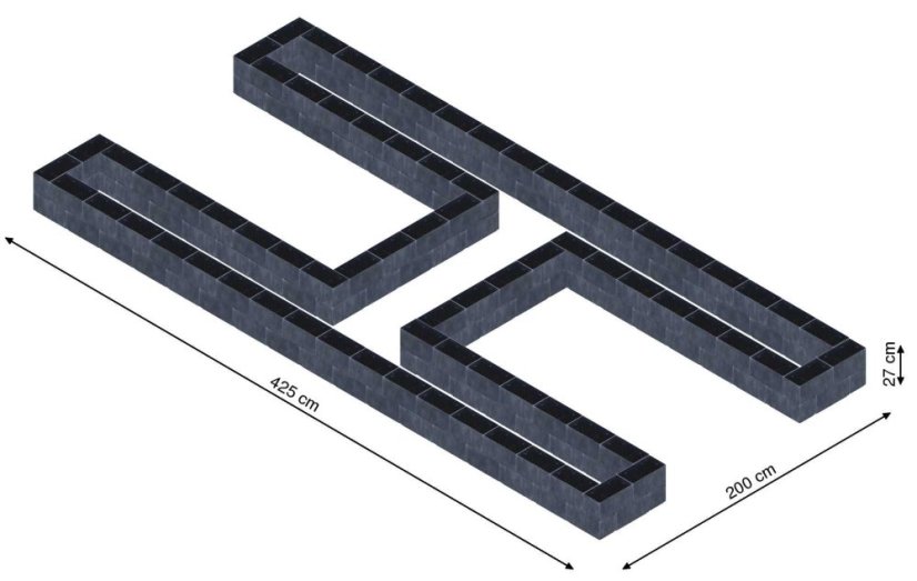 Hochbeet in Form eines H - Breite: 425 cm, Länge: 200 cm, Höhe: 27 cm
