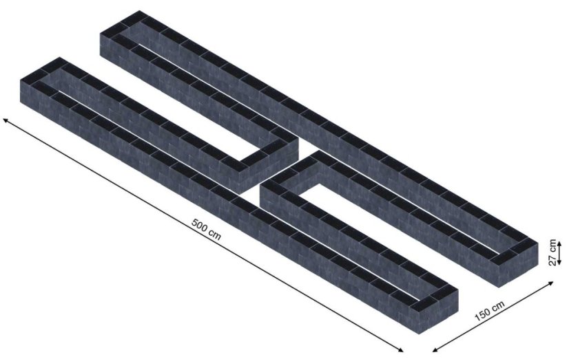 Hochbeet in Form eines H - Breite: 500 cm, Länge: 150 cm, Höhe: 27 cm