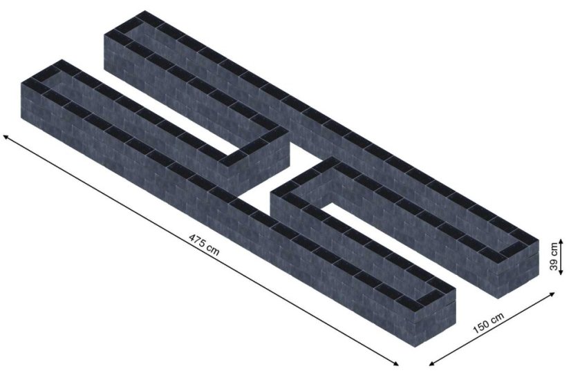 Hochbeet in Form eines H - Breite: 475 cm, Länge: 150 cm, Höhe: 39 cm