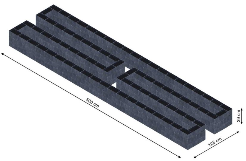 Hochbeet in Form eines H - Breite: 500 cm, Länge: 125 cm, Höhe: 39 cm