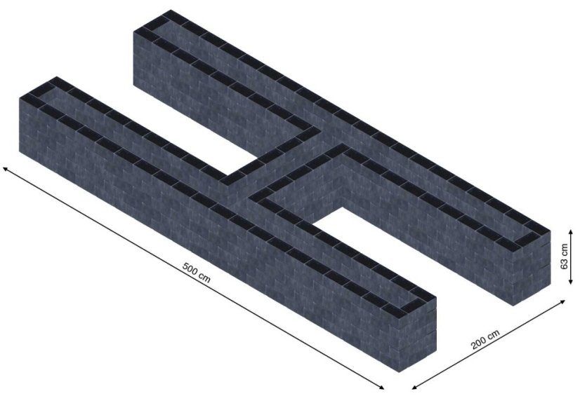 Hochbeet in Form eines H - Breite: 500 cm, Länge: 200 cm, Höhe: 63 cm