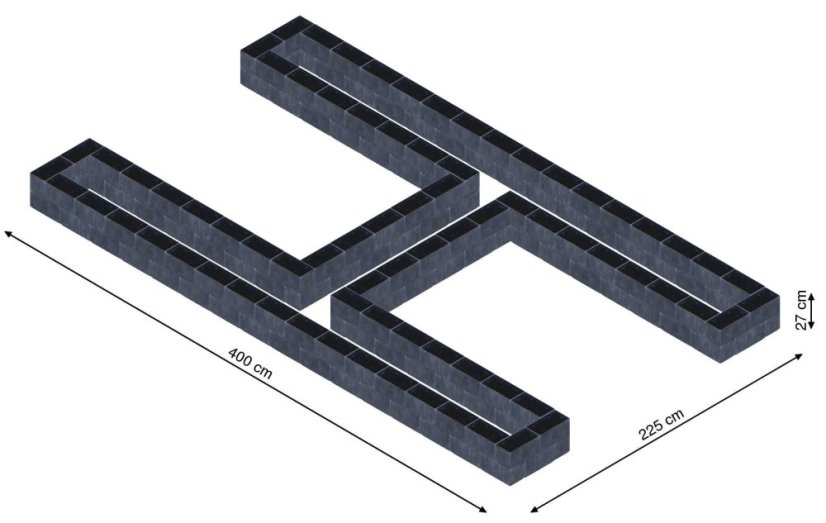 Hochbeet in Form eines H - Breite: 400 cm, Länge: 225 cm, Höhe: 27 cm