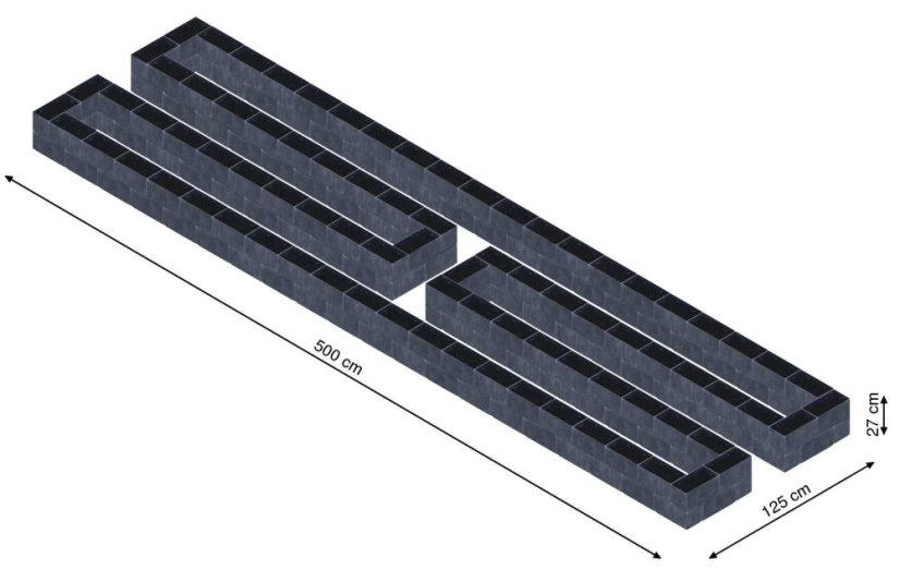 Hochbeet in Form eines H - Breite: 500 cm, Länge: 125 cm, Höhe: 27 cm