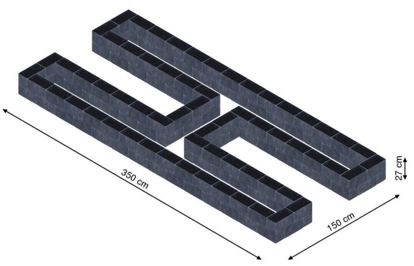 Hochbeet in Form eines H - Breite: 350 cm, Länge: 150 cm, Höhe: 27 cm