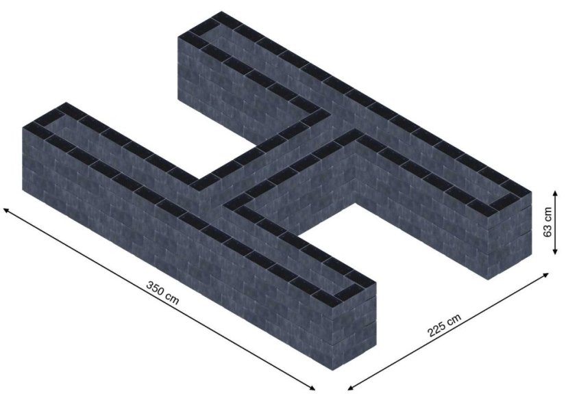 Hochbeet in Form eines H - Breite: 350 cm, Länge: 225 cm, Höhe: 63 cm