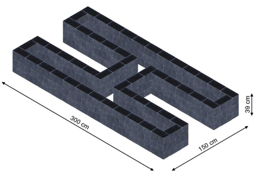 Hochbeet in Form eines H - Breite: 300 cm, Länge: 150 cm, Höhe: 39 cm