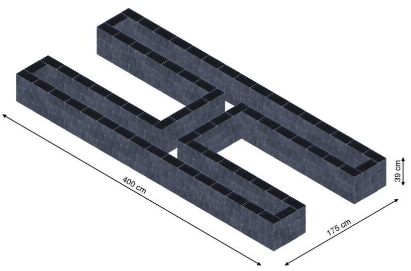 Hochbeet in Form eines H - Breite: 400 cm, Länge: 175 cm, Höhe: 39 cm