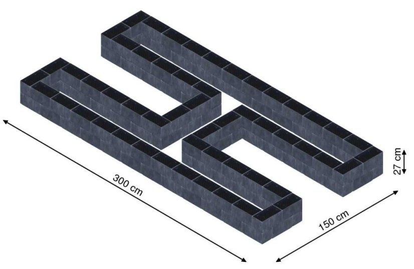 Hochbeet in Form eines H - Breite: 300 cm, Länge: 150 cm, Höhe: 27 cm