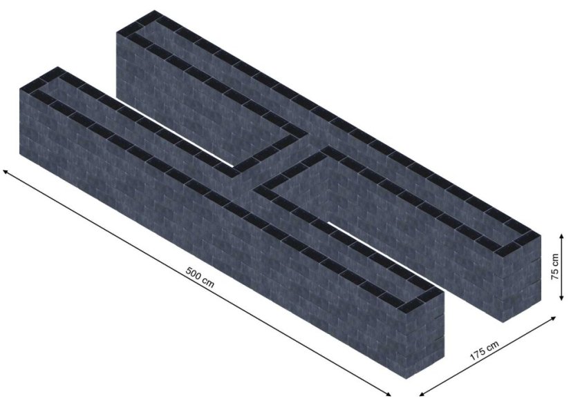 Hochbeet in Form eines H - Breite: 500 cm, Länge: 175 cm, Höhe: 75 cm