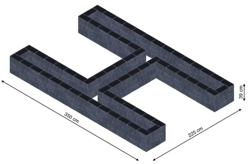 Hochbeet in Form eines H - Breite: 350 cm, Länge: 225 cm, Höhe: 39 cm