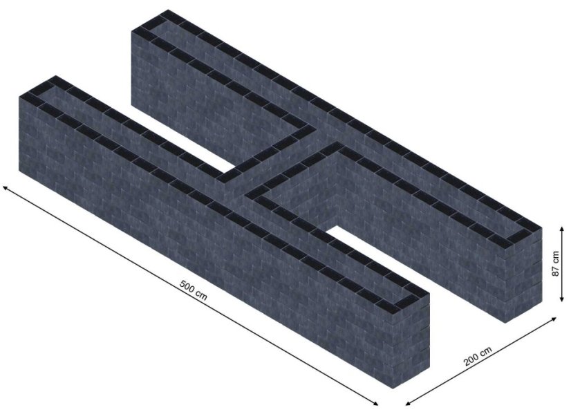 Hochbeet in Form eines H - Breite: 500 cm, Länge: 200 cm, Höhe: 87 cm