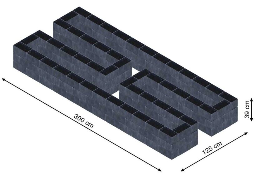 Hochbeet in Form eines H - Breite: 300 cm, Länge: 125 cm, Höhe: 39 cm