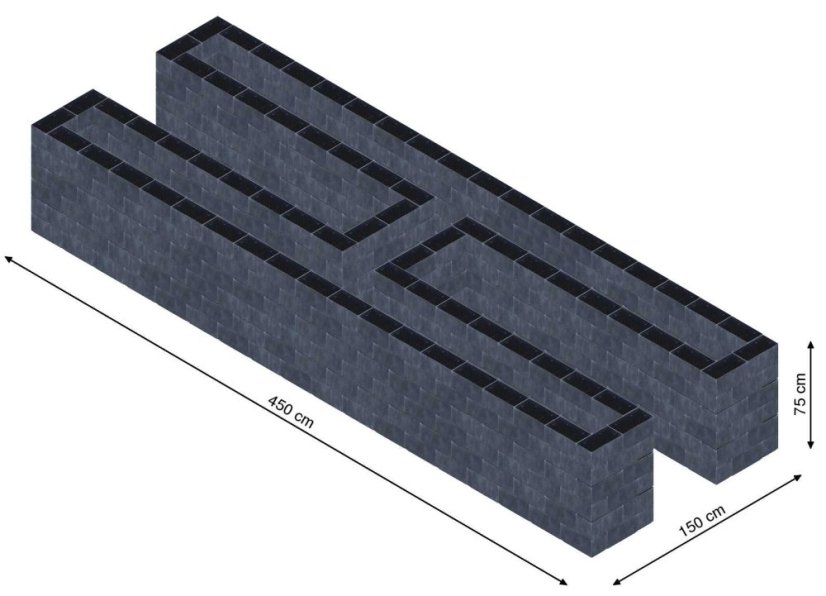 Hochbeet in Form eines H - Breite: 450 cm, Länge: 150 cm, Höhe: 75 cm