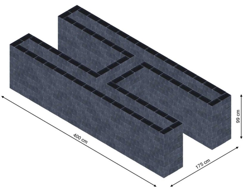 Hochbeet in Form eines H - Breite: 400 cm, Länge: 175 cm, Höhe: 99 cm
