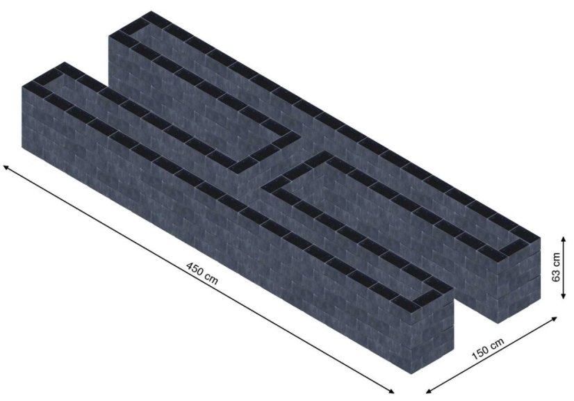 Hochbeet in Form eines H - Breite: 450 cm, Länge: 150 cm, Höhe: 63 cm