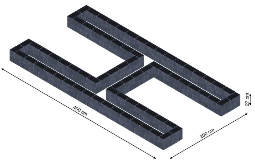Hochbeet in Form eines H - Breite: 400 cm, Länge: 200 cm, Höhe: 27 cm
