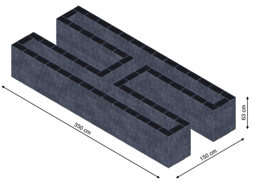 Hochbeet in Form eines H - Breite: 350 cm, Länge: 150 cm, Höhe: 63 cm
