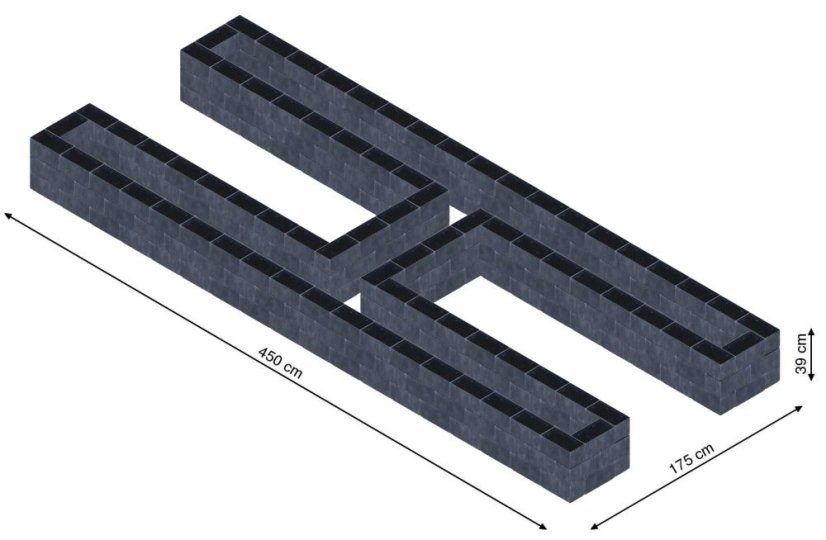 Hochbeet in Form eines H - Breite: 450 cm, Länge: 175 cm, Höhe: 39 cm