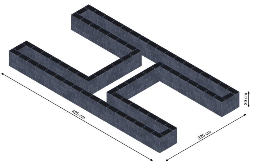 Hochbeet in Form eines H - Breite: 425 cm, Länge: 225 cm, Höhe: 39 cm