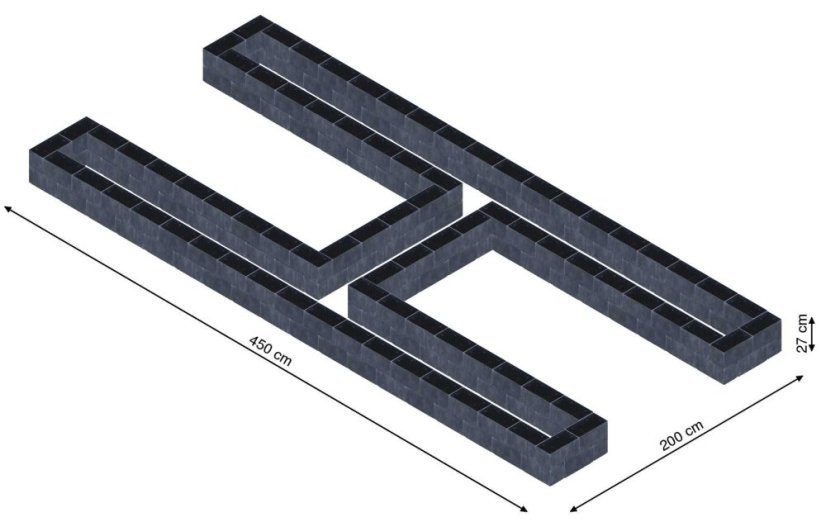 Hochbeet in Form eines H - Breite: 450 cm, Länge: 200 cm, Höhe: 27 cm