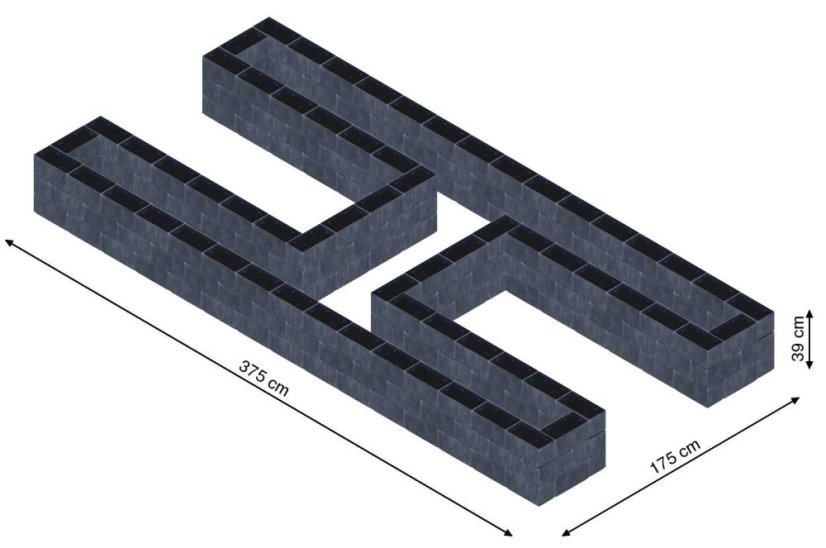 Hochbeet in Form eines H - Breite: 375 cm, Länge: 175 cm, Höhe: 39 cm