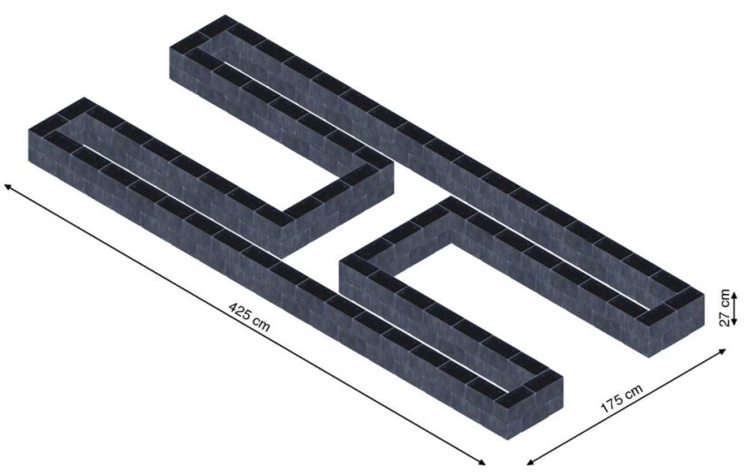 Hochbeet in Form eines H - Breite: 425 cm, Länge: 175 cm, Höhe: 27 cm