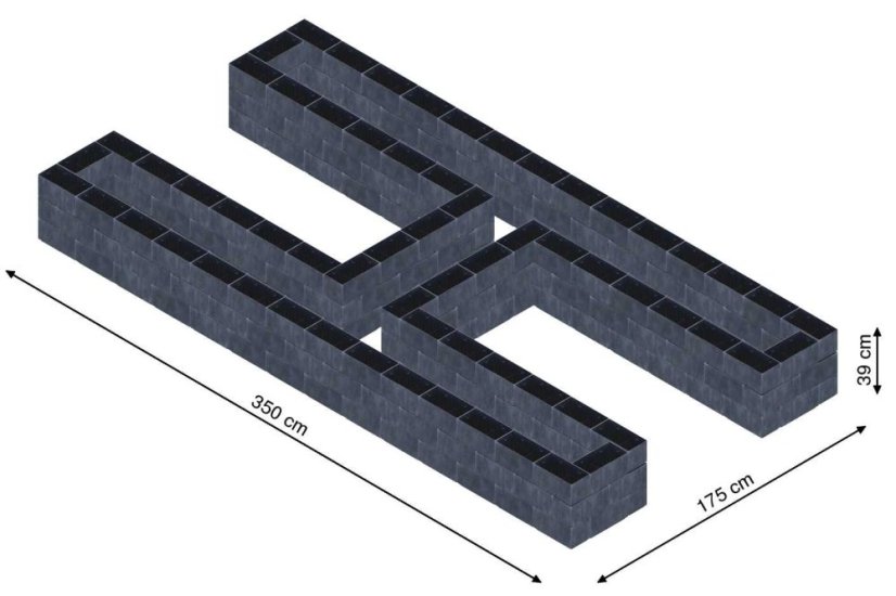 Hochbeet in Form eines H - Breite: 350 cm, Länge: 175 cm, Höhe: 39 cm