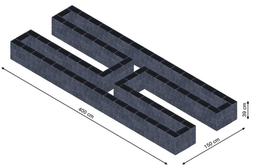 Hochbeet in Form eines H - Breite: 400 cm, Länge: 150 cm, Höhe: 39 cm