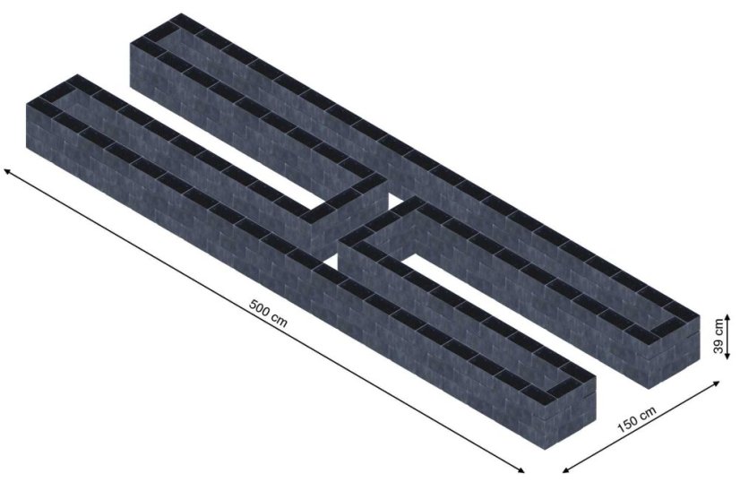 Hochbeet in Form eines H - Breite: 500 cm, Länge: 150 cm, Höhe: 39 cm