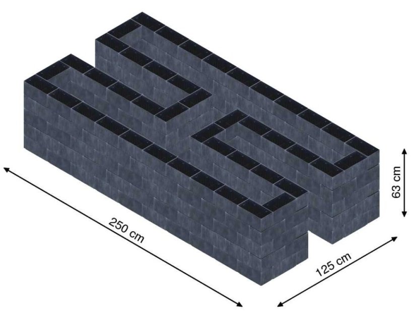 Hochbeet in Form eines H - Breite: 250 cm, Länge: 125 cm, Höhe: 63 cm