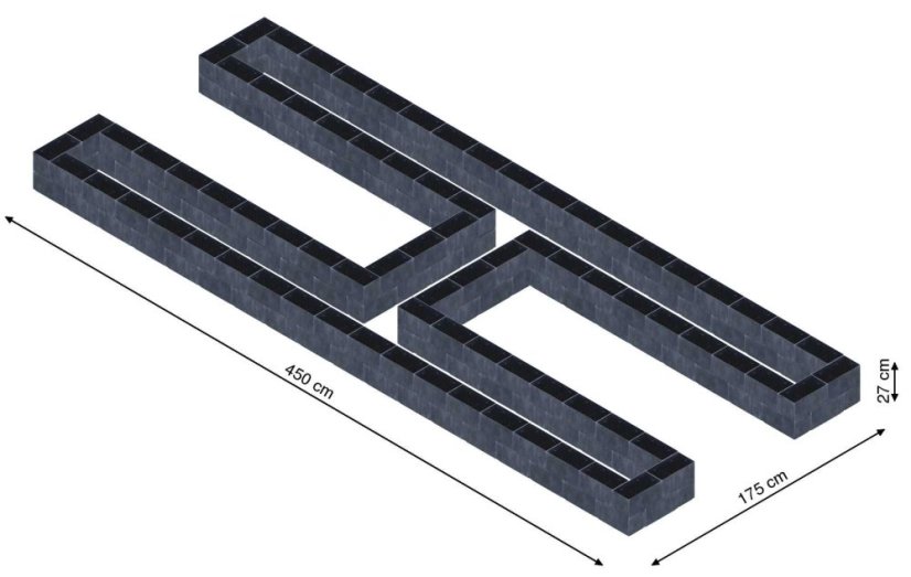 Hochbeet in Form eines H - Breite: 450 cm, Länge: 175 cm, Höhe: 27 cm
