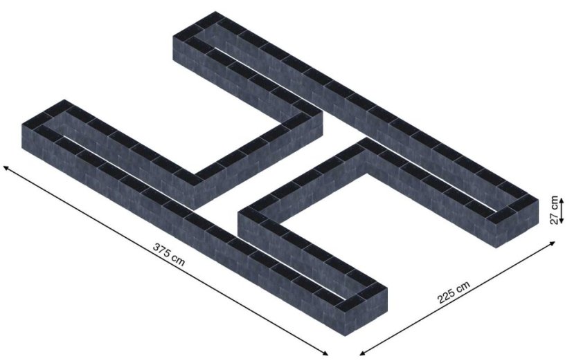 Hochbeet in Form eines H - Breite: 375 cm, Länge: 225 cm, Höhe: 27 cm