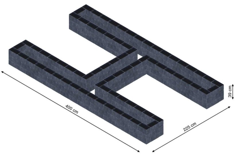 Hochbeet in Form eines H - Breite: 400 cm, Länge: 225 cm, Höhe: 39 cm