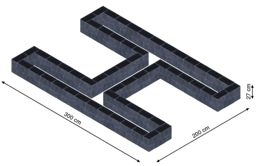 Hochbeet in Form eines H - Breite: 300 cm, Länge: 200 cm, Höhe: 27 cm