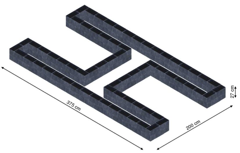 Hochbeet in Form eines H - Breite: 375 cm, Länge: 200 cm, Höhe: 27 cm