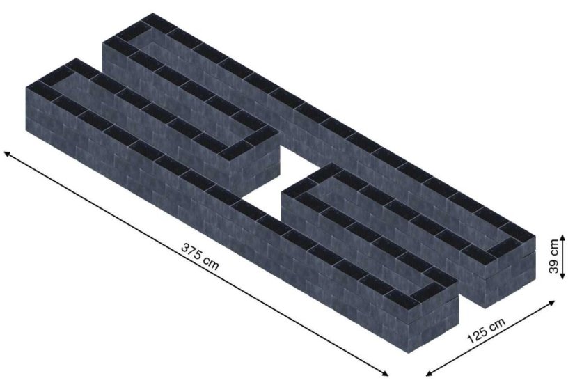 Hochbeet in Form eines H - Breite: 375 cm, Länge: 125 cm, Höhe: 39 cm
