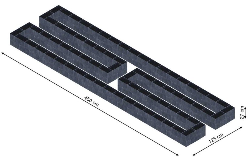 Hochbeet in Form eines H - Breite: 450 cm, Länge: 125 cm, Höhe: 27 cm