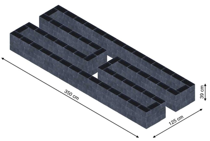 Hochbeet in Form eines H - Breite: 350 cm, Länge: 125 cm, Höhe: 39 cm