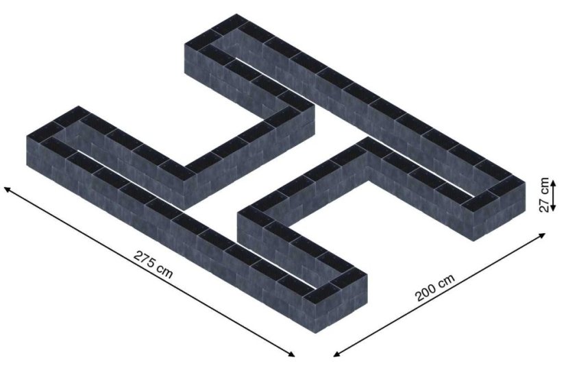 Hochbeet in Form eines H - Breite: 275 cm, Länge: 200 cm, Höhe: 27 cm
