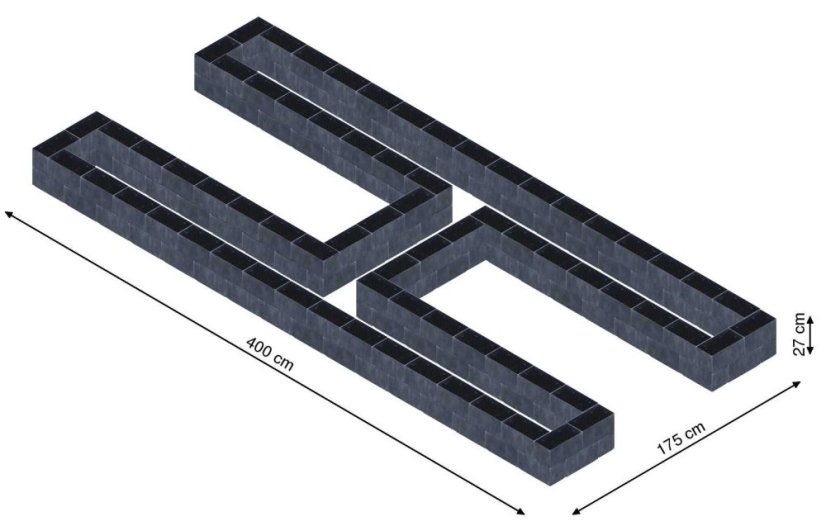 Hochbeet in Form eines H - Breite: 400 cm, Länge: 175 cm, Höhe: 27 cm