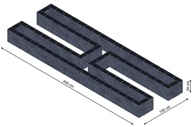 Hochbeet in Form eines H - Breite: 450 cm, Länge: 150 cm, Höhe: 39 cm