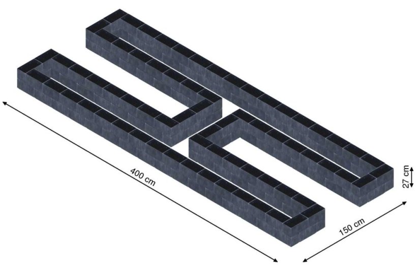 Hochbeet in Form eines H - Breite: 400 cm, Länge: 150 cm, Höhe: 27 cm