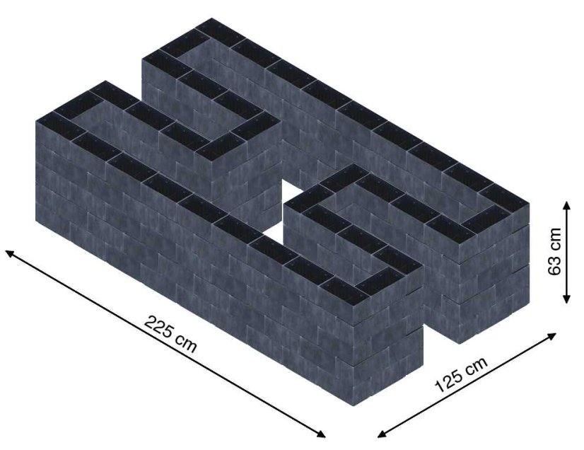Hochbeet in Form eines H - Breite: 225 cm, Länge: 125 cm, Höhe: 63 cm
