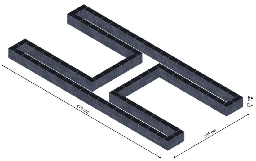 Hochbeet in Form eines H - Breite: 475 cm, Länge: 225 cm, Höhe: 27 cm