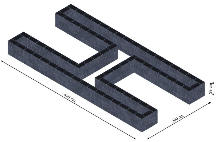 Hochbeet in Form eines H - Breite: 425 cm, Länge: 200 cm, Höhe: 39 cm